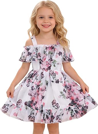 AGQT Girls Summer Dress Floral Boho Off Shoulder Ruffle Casual Sundress Cute Tiered Chiffon Outfit for Beach Vacation 1-8T