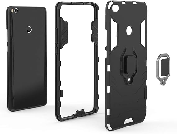 LuluMain Compatible with Xiaomi Mi Max 2 Case, Metal Ring Grip Kickstand Shockproof Hard Bumper (Works with Magnetic Car Mount) Dual Layer Rugged Cover for Xiaomi Mi Max2 (Black)