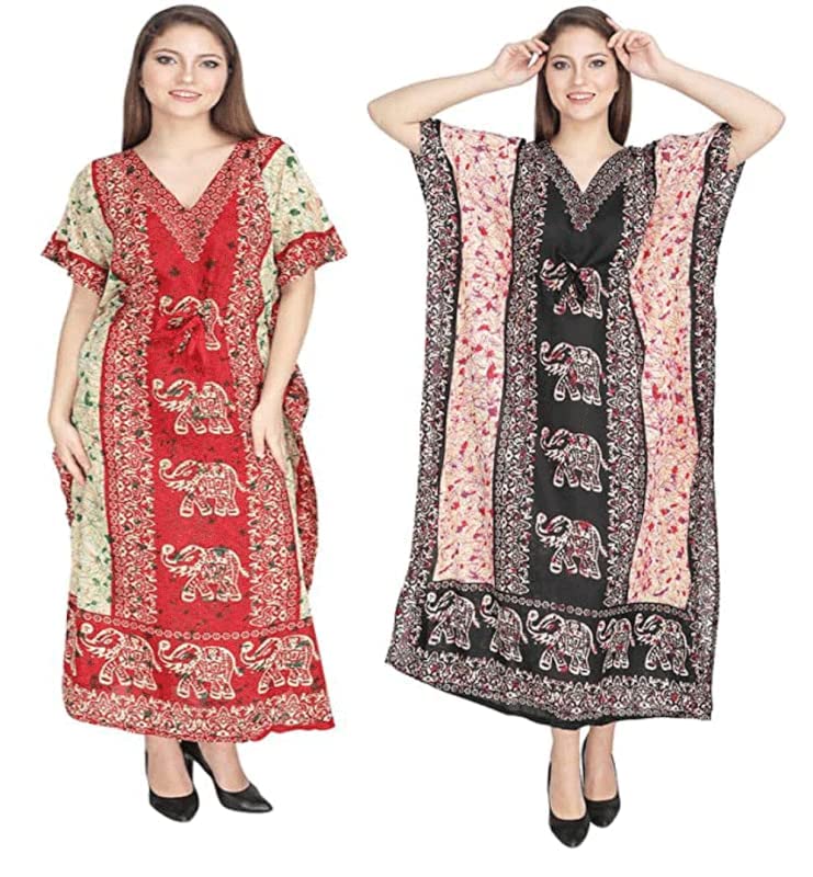 Pack of 2 Long Kaftan V Neck Kimono Nightgown Loose Bohemian Cardigan Maxi Summer Swimsuit Cover up Beach Dress For Women (Free Size)