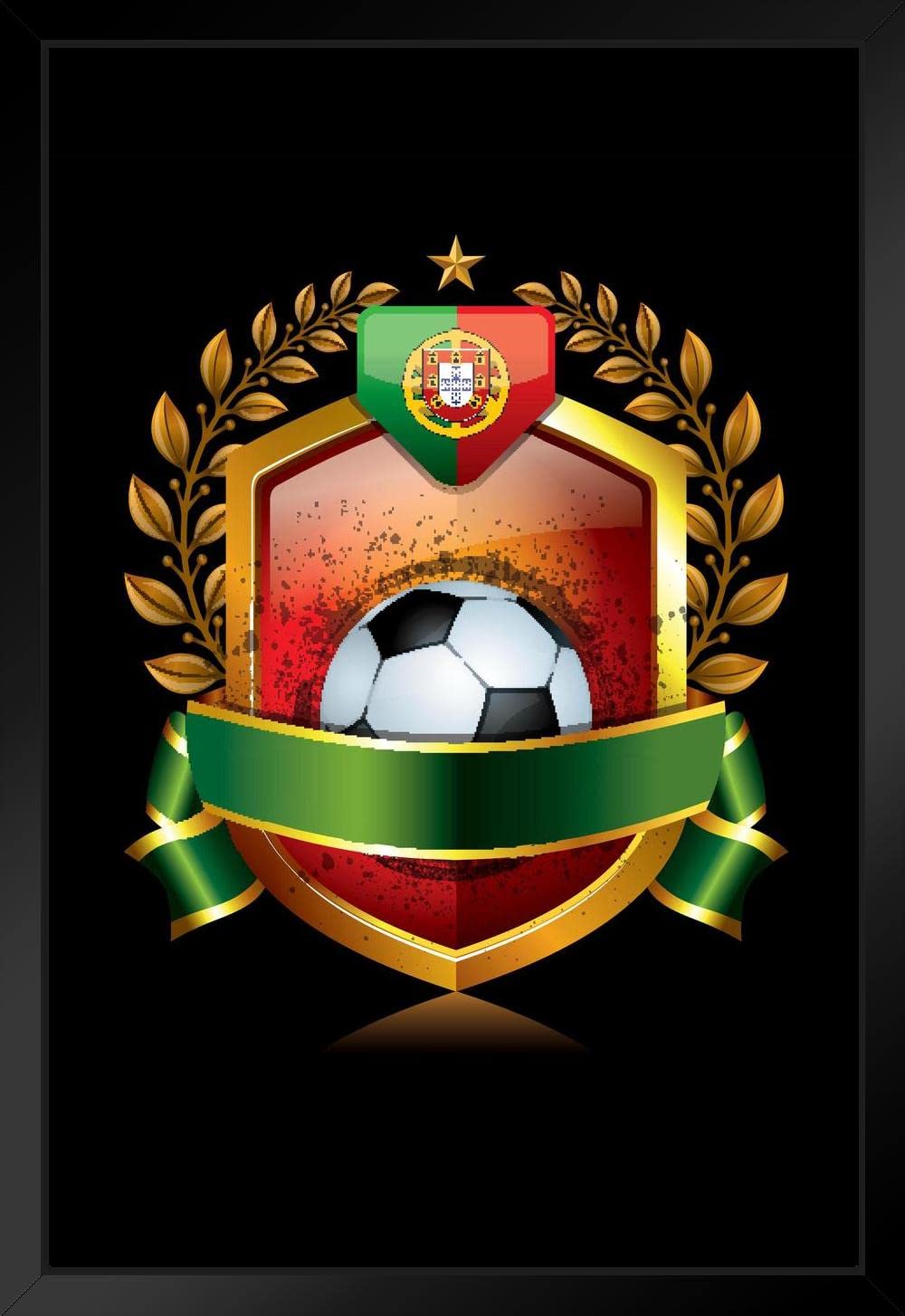 Soccer Portugal Icon with Laurel Wreath Sports Black Wood Framed Poster 14x20