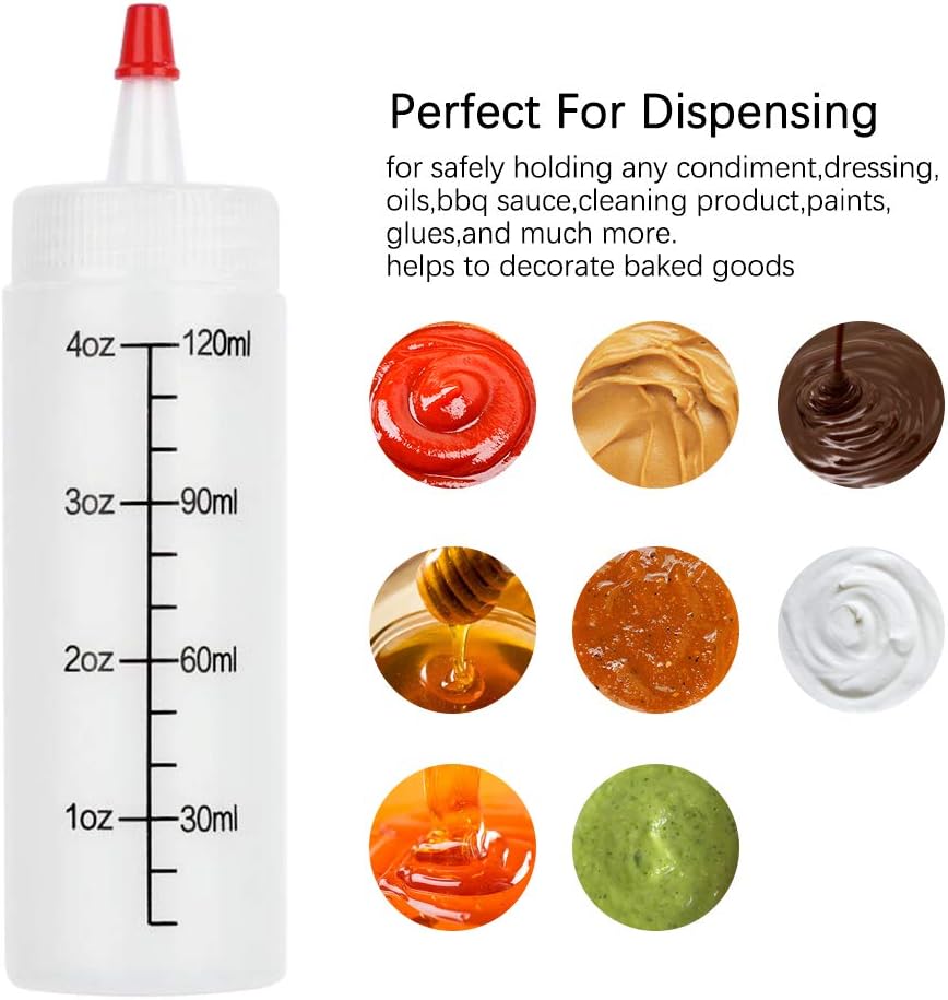STARSIDE 20 Pack 4 oz 120 ml Plastic Squeeze Condiment Bottles with Scale & Red Tip Cap,BPA-Free Squirt Bottles for Cookie Decorating,Sauces,ketchup,Salad,Arts and Crafts!