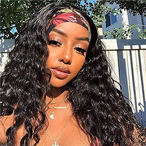 MowigLux Headband Wigs Loose Wave None Lace Front Wigs Long Wavy Synthetic Hair Wigs for Women Glueless Headband Scarf Wigs Black Color