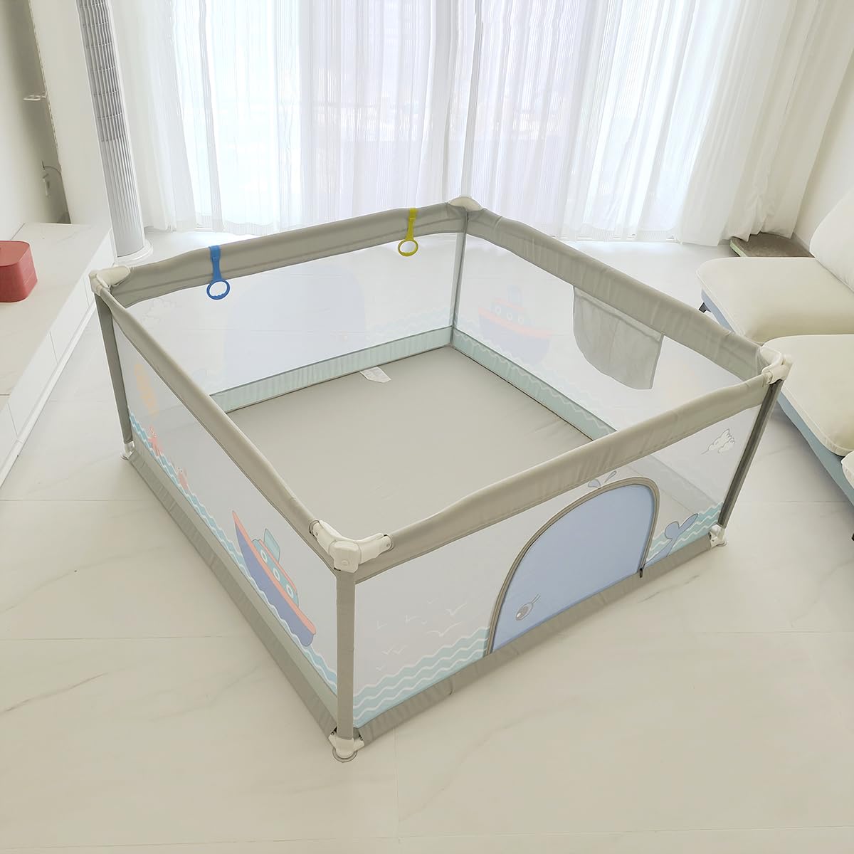 SeedFuture Baby Playpen 59x59 Inch Extra Large with Gate Light Grey, Soft Breathable Playpen for Toddlers, Safety Infants Playpen, Indoor or Outdoor Kids Activity Yard Kids Playpen with Suction Cup