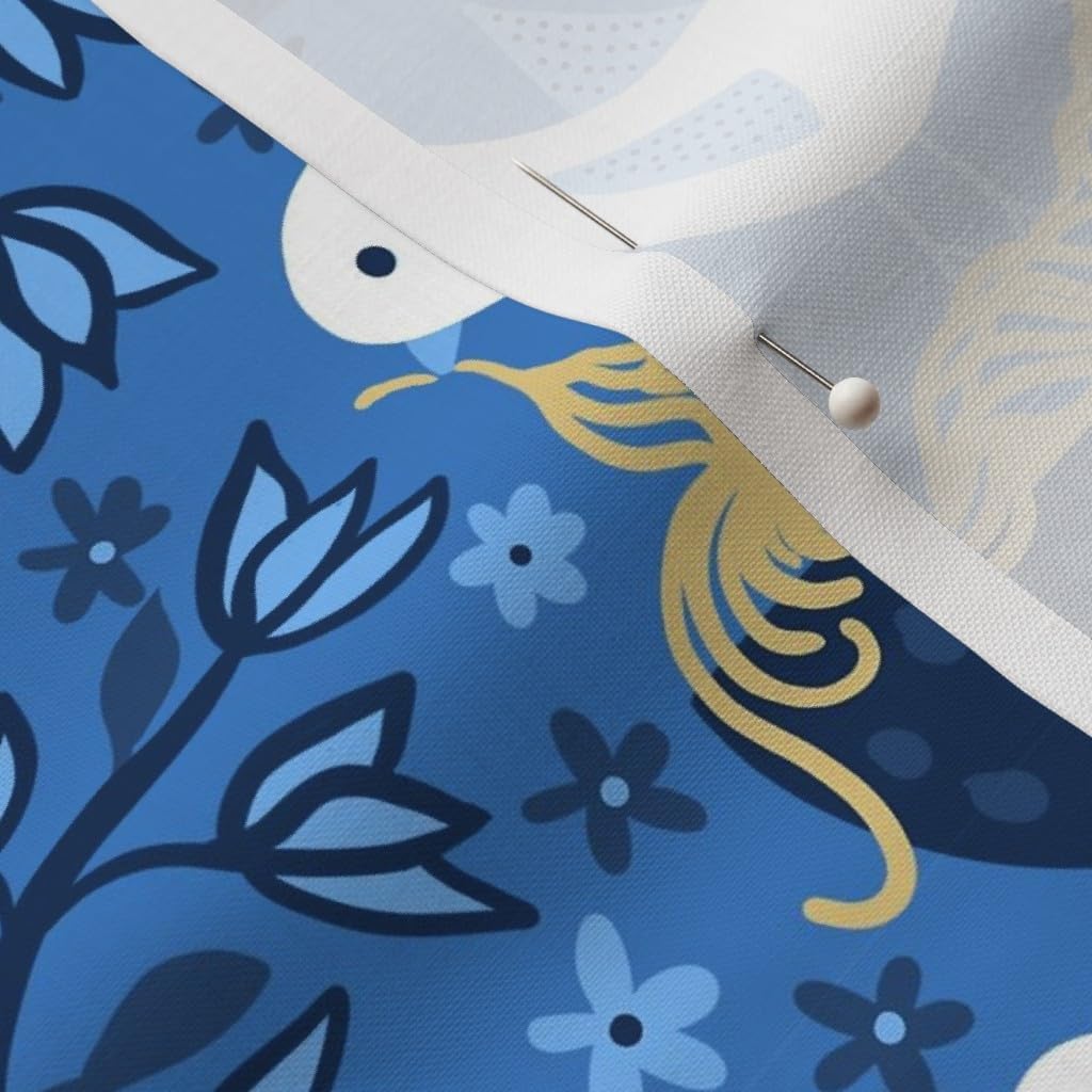 Spoonflower Fabric - Bird Noodles Blue Leaves Birds Spring Flying Printed on Petal Signature Cotton Fabric by The Yard - Sewing Quilting Apparel Crafts Decor