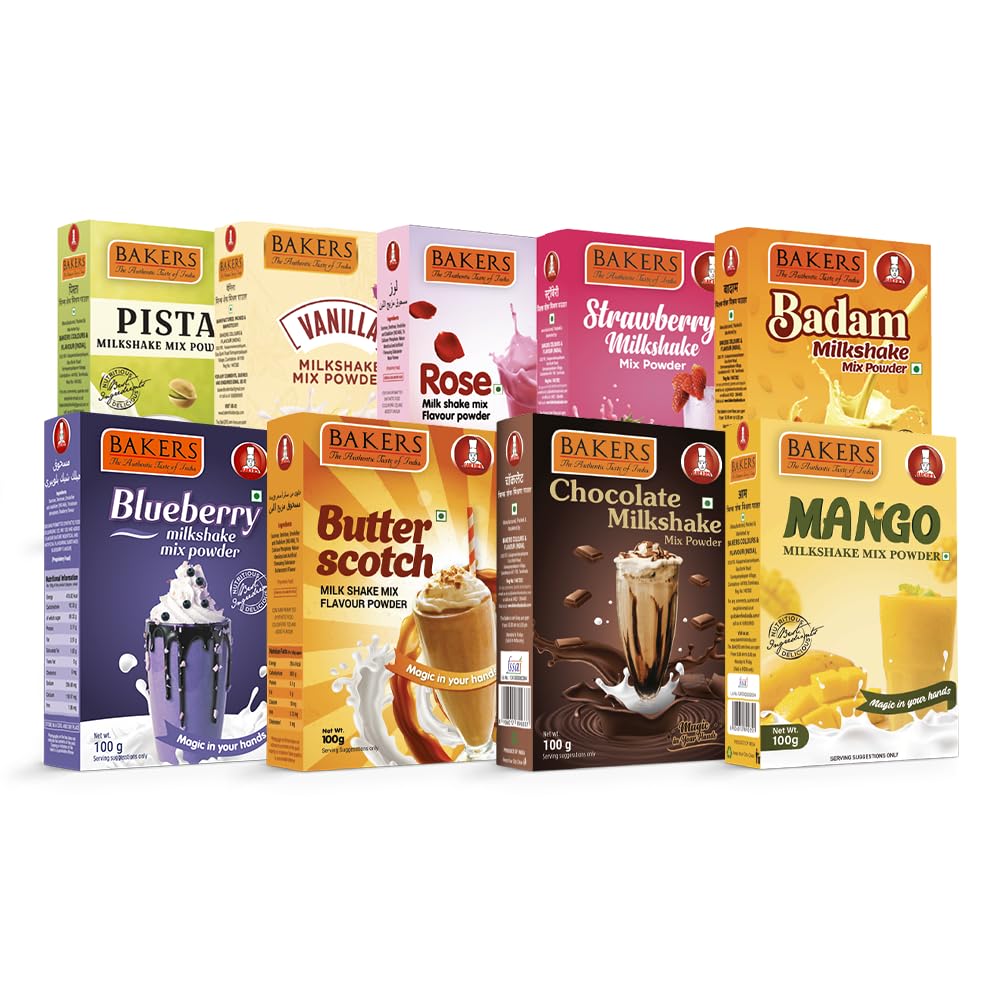 BAKERS Milk Shake Mix - Set of 9 Flavors (100g Each) | Strawberry, Chocolate, Vanilla, Mango & More | Instant Thick Shake Powder | Rich & Creamy | Ready in 30 Sec