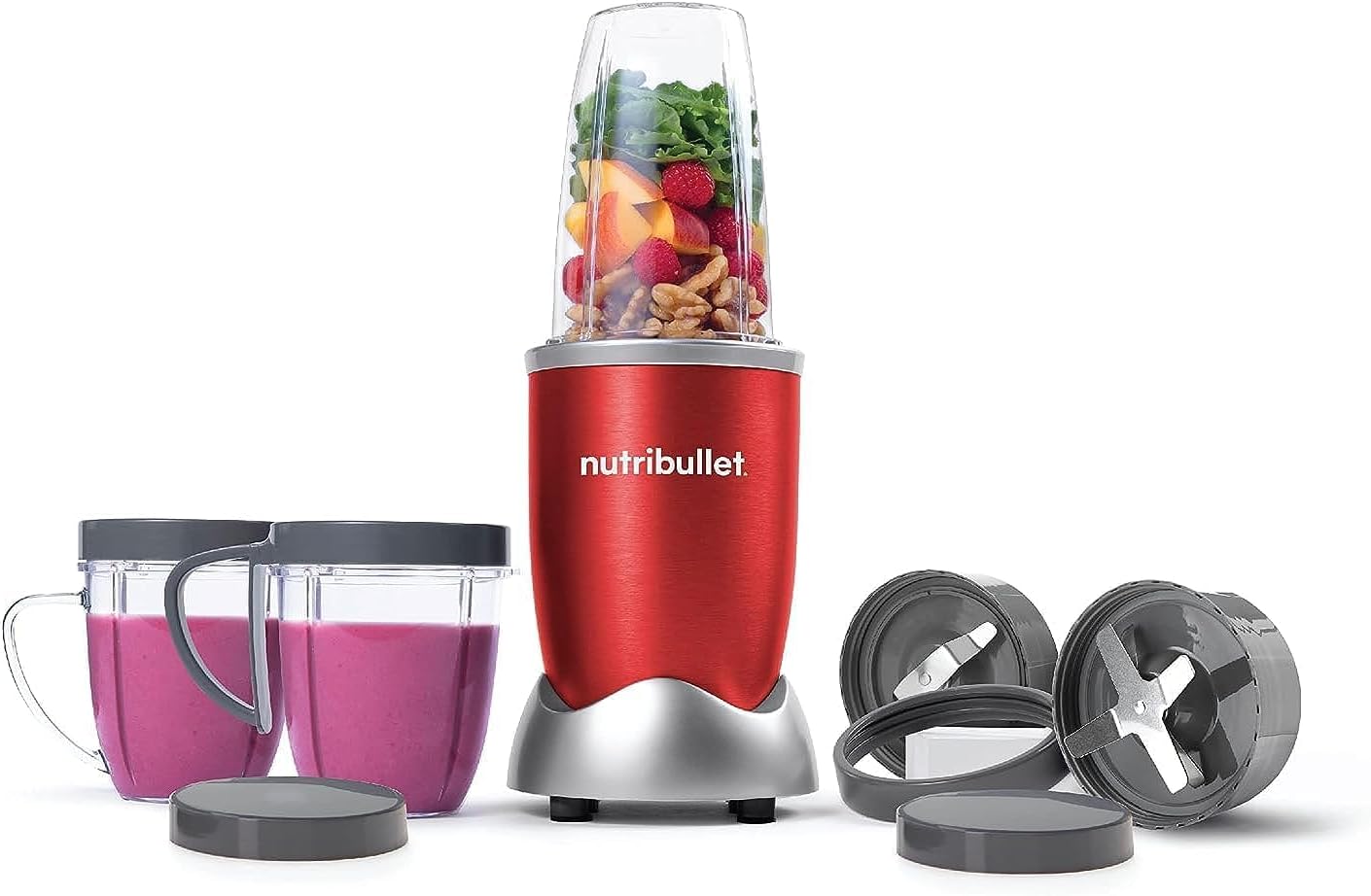 NutriBullet Food Blender, Multi-Function High-Speed Blender, Mixer System With Nutrient Extractor, Red, 9 piece, NBR-1212R