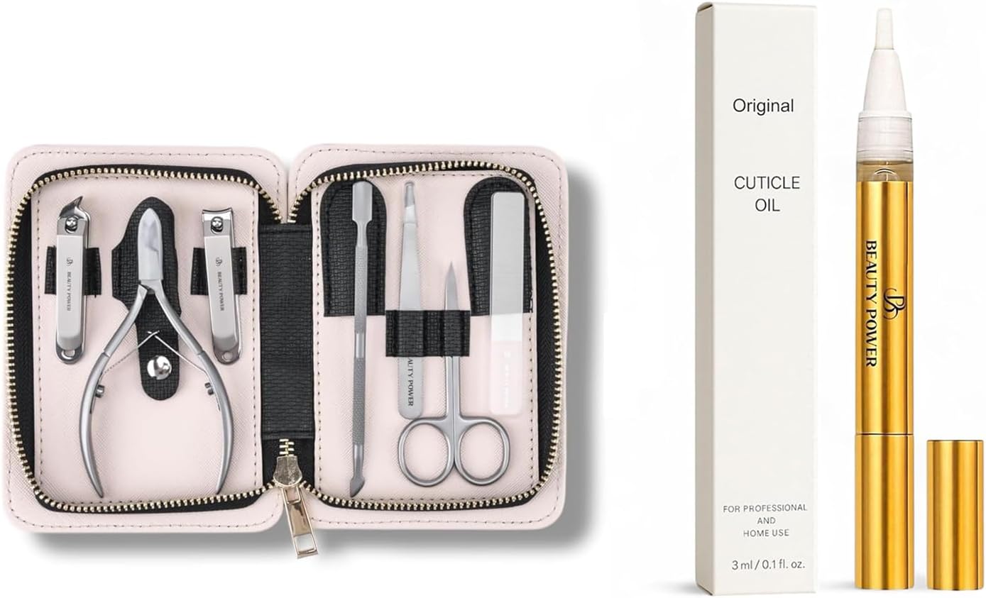Manicure Pedicure Set 7-in-1 & Cuticle Oil Pen for Free, Stainless Steel, Ultra Sharp, Slanted Nail Clipper, Fingernail Clipper, Cuticle Nipper, Glass Nail File, Eyebrow Tweezers, Scissors, Case