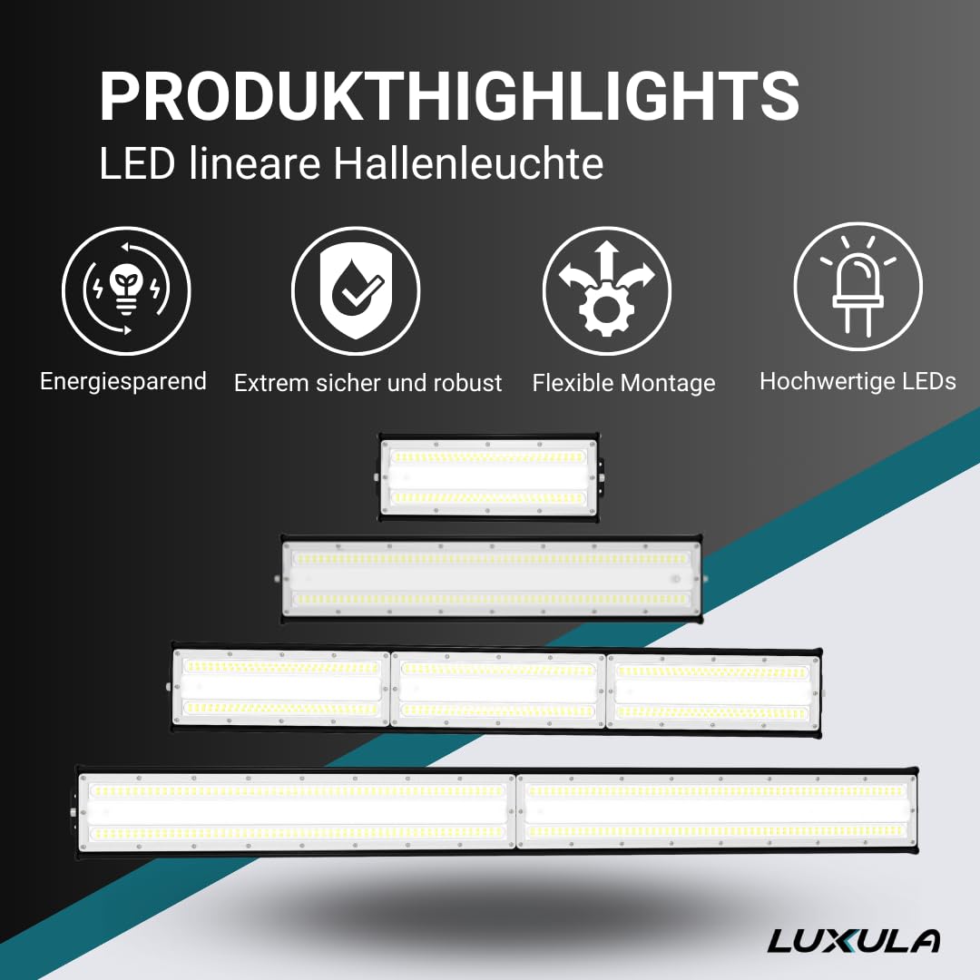 LUXULA LED Hallenleuchte High-Bay Hallenstrahler mit Marken-LEDs - 100W 12000lm - 5000K Neutralweiß Tageslicht - IP65 IK08 - linear - Industrielampe Werkstatt Lager Deckenleuchte Feuchtraumleuchte