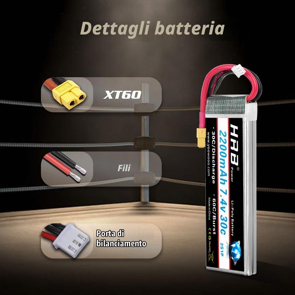 HRB 2pc 2200mAh 7.4V 2S 30C LiPo Battery Pack con spina XT60 compatibile con Rc Tr 1/16 E-Revo VXL Summit Slash Losi 1/14 Mini 8ight e Rc Cars