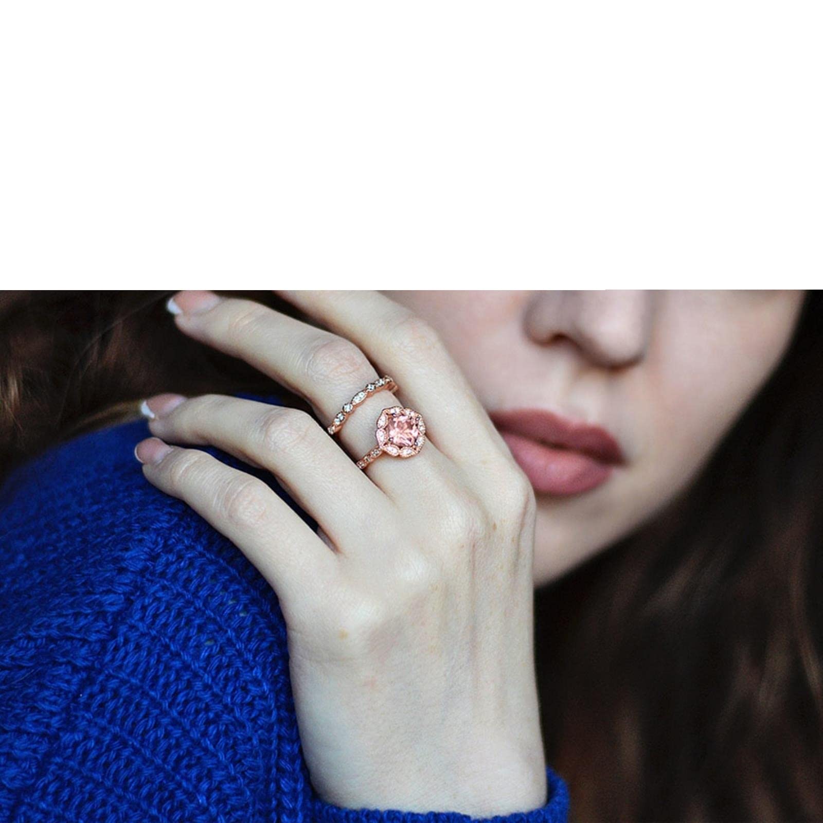 2 Unids/Set Creado Nano Morganite 925 Anillos De Plata Esterlina Encanto Flor Anillos Dobles para Mujeres Joyería Fina