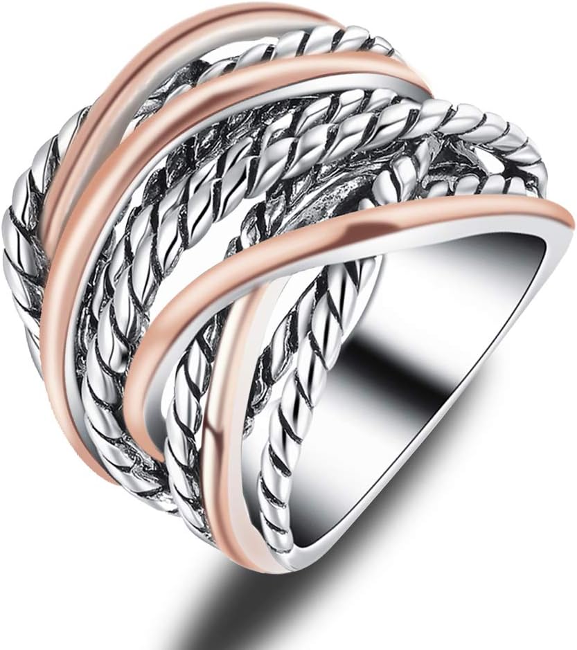 Mytys Wide Band Rings Twisted Rope Ring Two-Tone Mixed Metal Braided Statement Rings Fashion Jewelry for Women