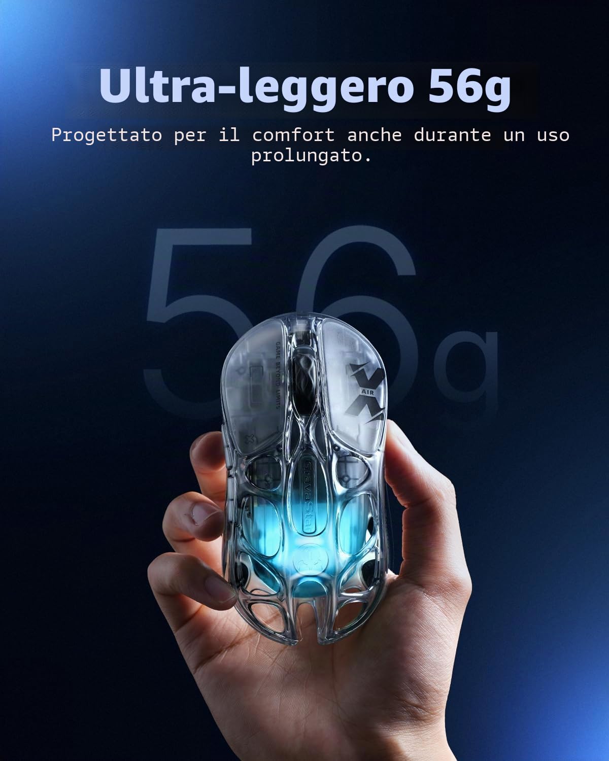 GravaStar Mercury X Air Mouse Gaming Wireless Ultraleggero 56g, Sensore PAW3950 32.000 DPI, Ricevitore 8K, Bluetooth/2,4 GHz/Cablato, Illuminazione RGB, Mouse Gamer per PC e Portatile