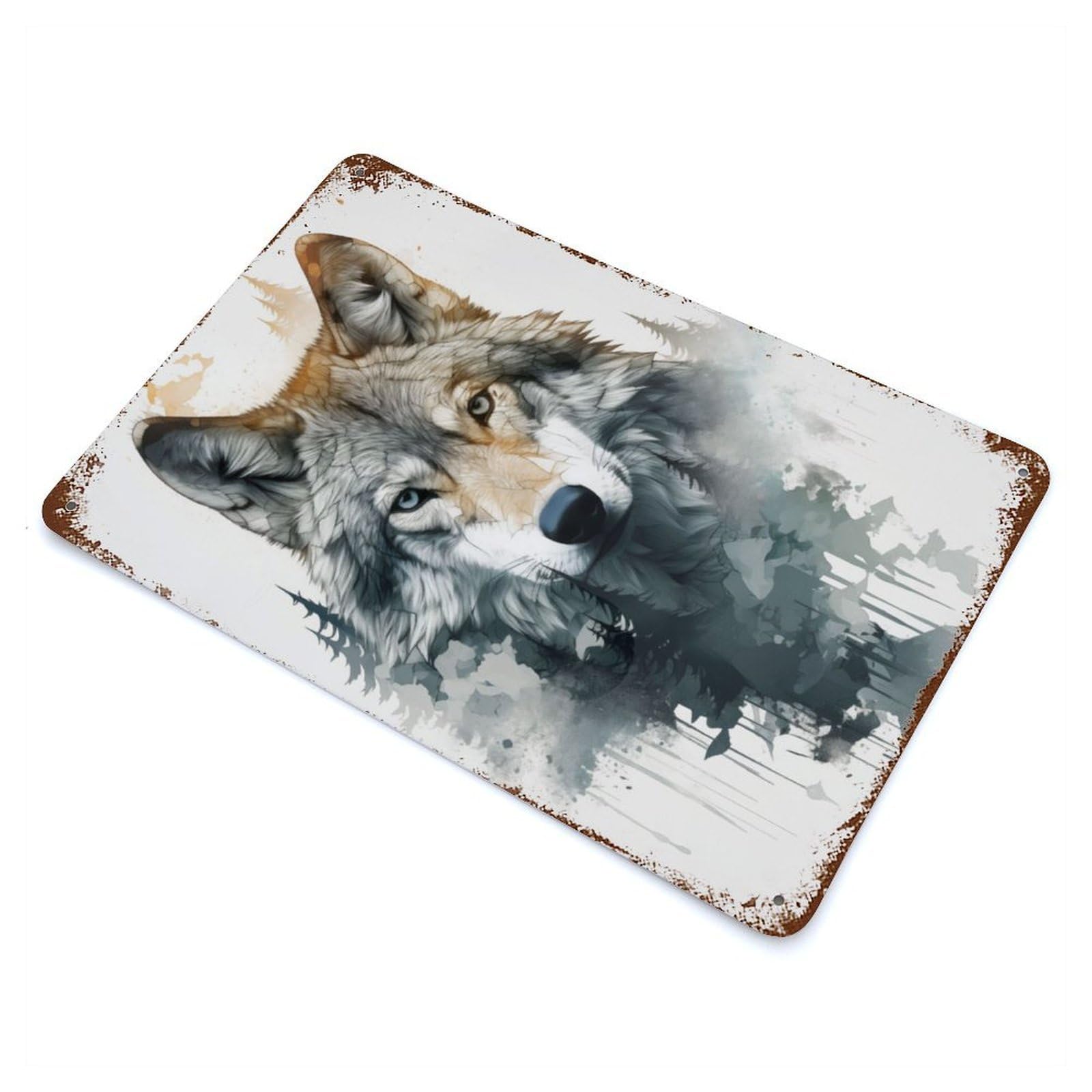 Garage Style Wolf Watercolor Weathered Tin Sign 11.8"x7.9", Classic Wall Plaque for Bar And Workshop