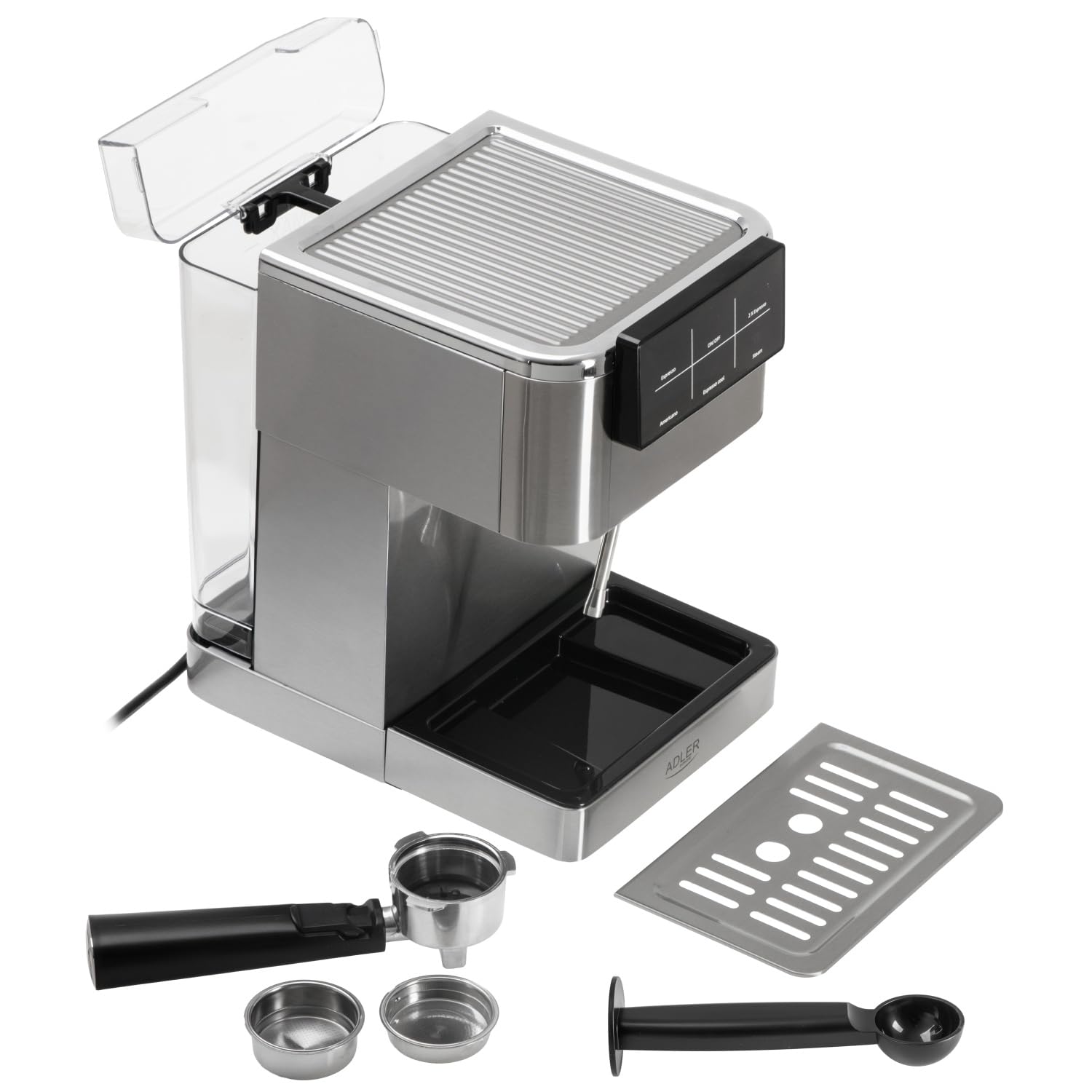 ADLER EUROPE Ekspres do kawy ciśnieniowy, automatyczny ekspres do kawy kolbowy 5w1, 20 bar, 1350W, espresso, podwójne espresso, americano, dotykowy panel sterowania LCD, dysza do spieniania mleka