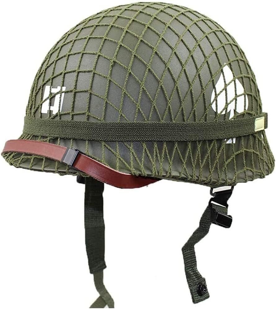 Casque M1 WW2, Réplique Tactique Acier L'armée Américaine La Seconde Guerre Mondiale, Mentonnière Toile Réglable, Vert Champ, Taille Adulte (56-62 Cm) for...