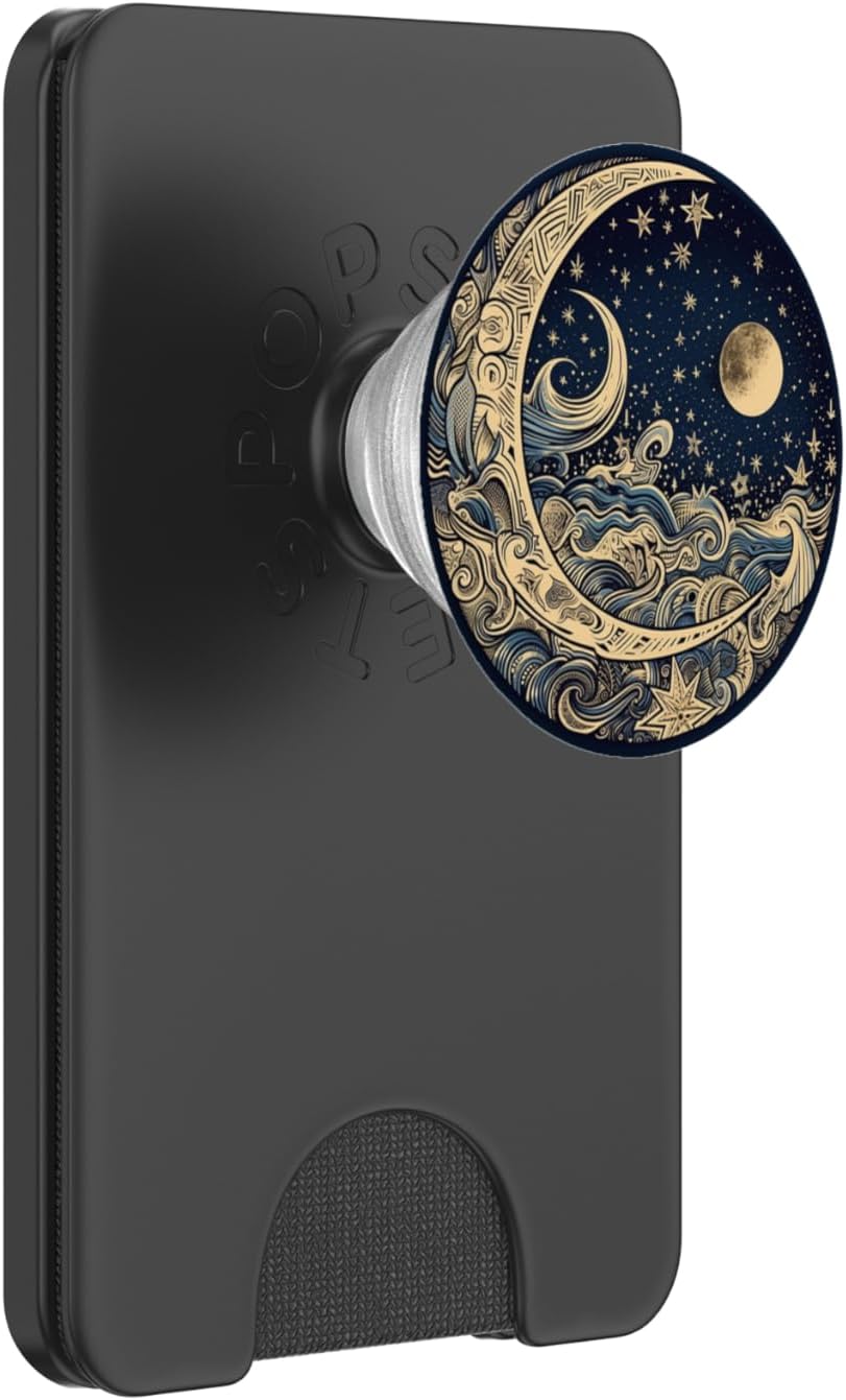 Golden Blue Crescent Moon Celestial Aesthetic Chic Boho PopSockets PopWallet for MagSafe