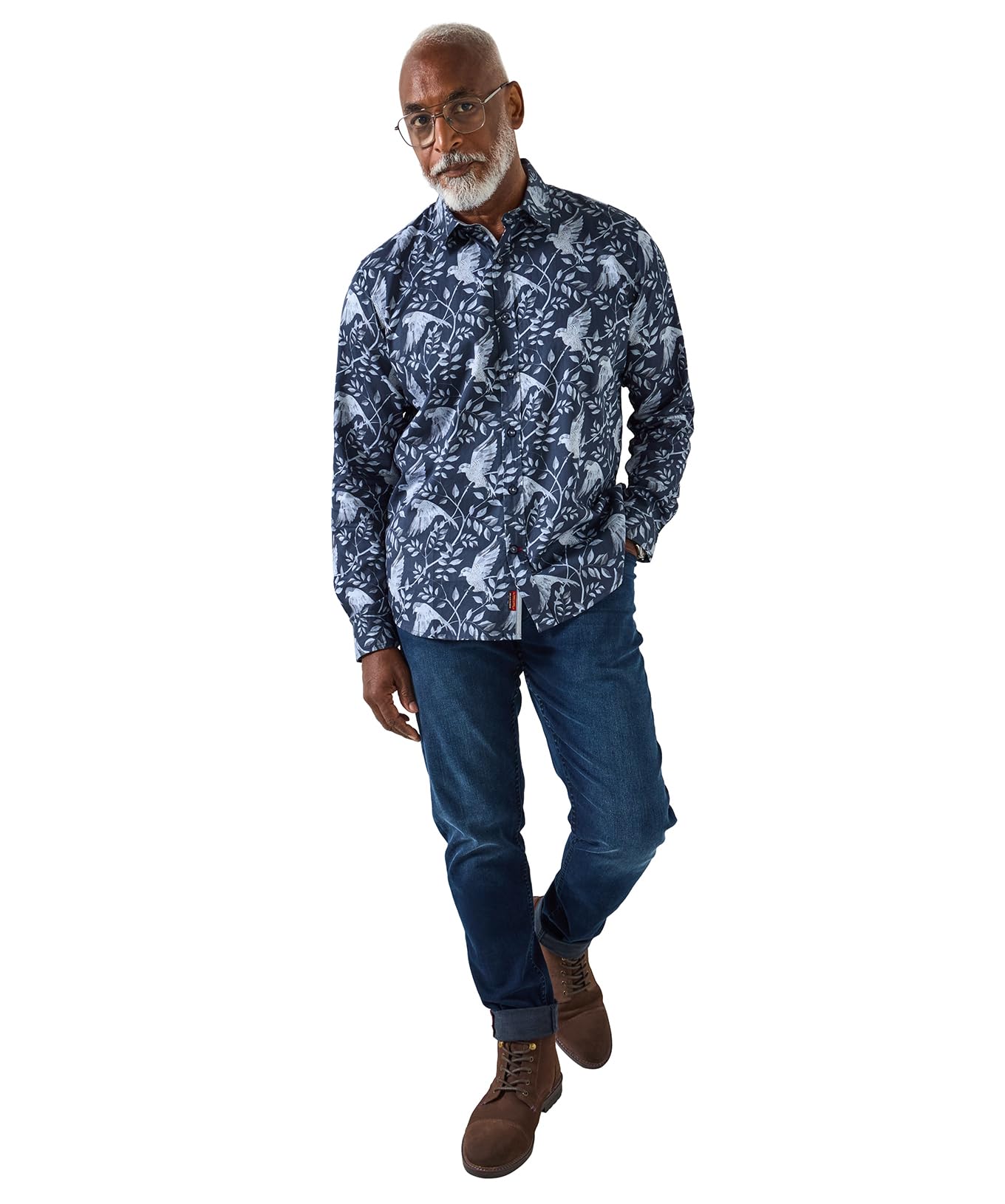 Joe Browns Men's Classic Collar Long Sleeve Bird Print Shirt, Grey, XL
