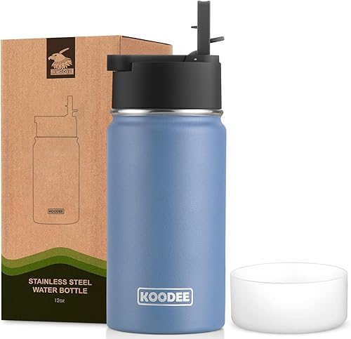 Koodee - Botella de agua de acero inoxidable con tapa para popote, termo de boca ancha de 32 oz con doble pared, aislada al vacío, para deportes,