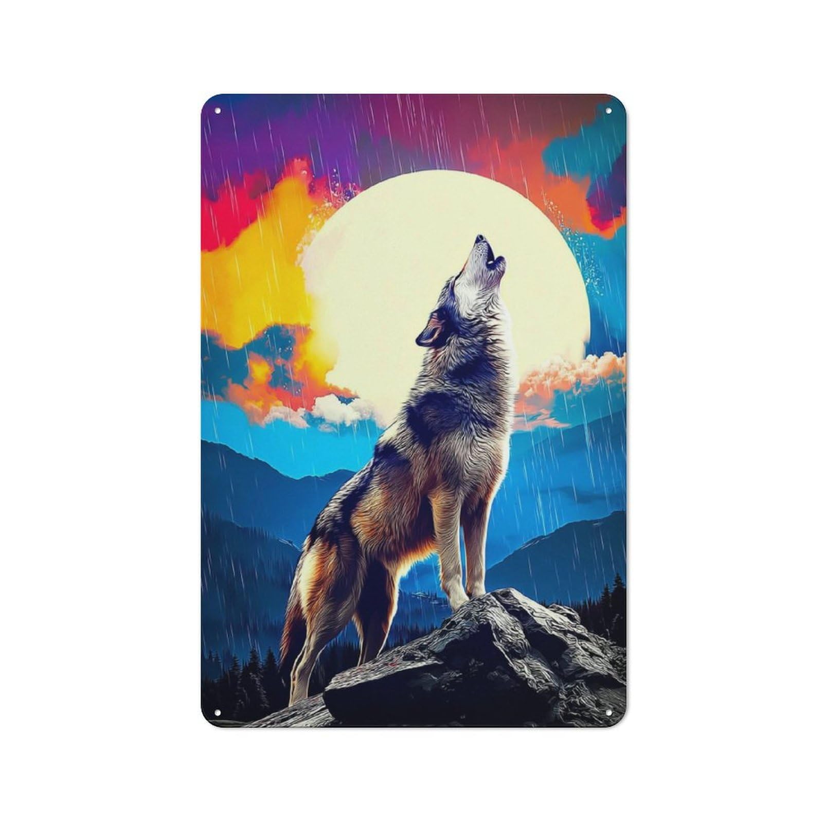 Industrial Decorative Metal Plaque 30x20cm Featuring Howling Wolf Under Moonlit Sky -2, Urban Room Decor for Flat, Bar, Studio Or Gallery Wall
