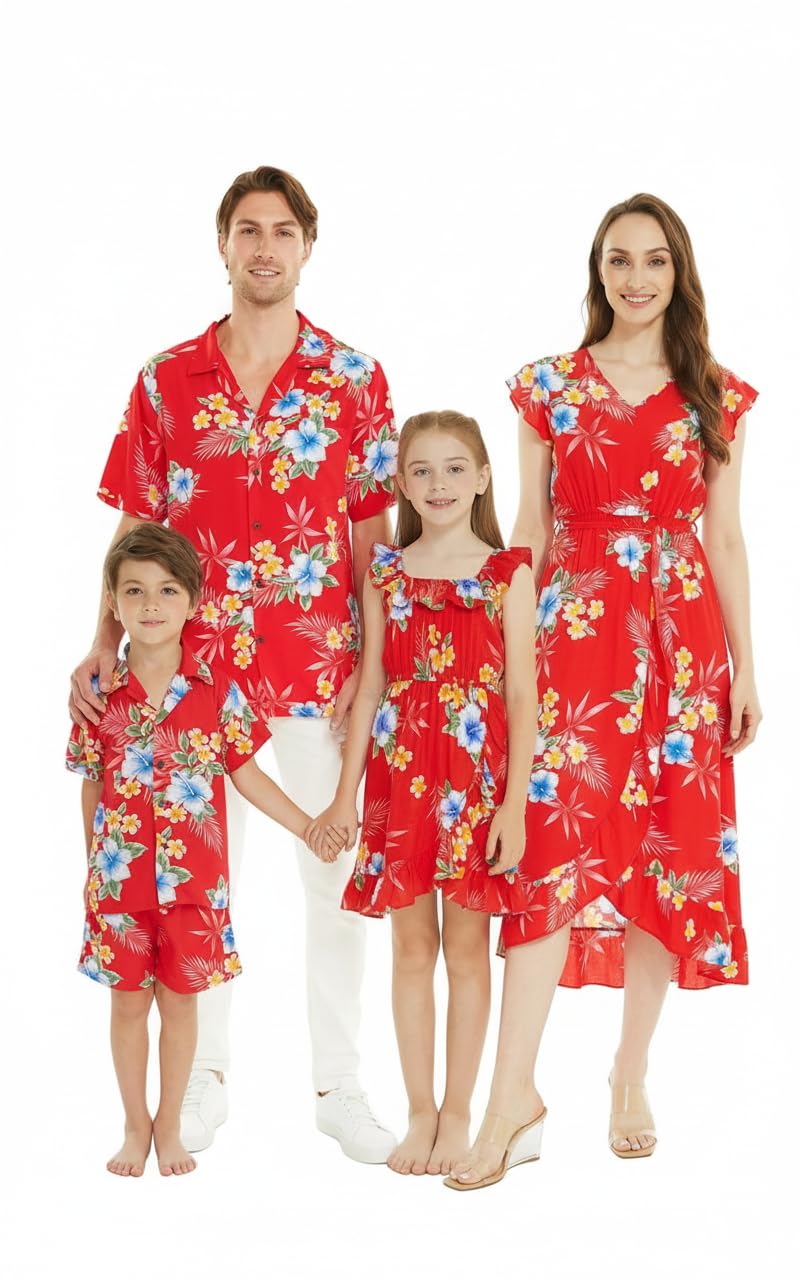 Matchable Family Hawaiian Luau Men Women Girl Boy Clothes in Hibiscus Red