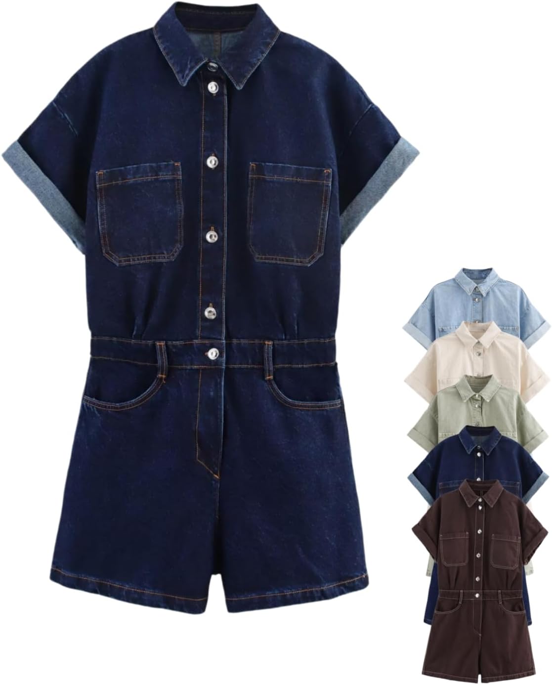 Women's Button down Pockets Belted Washed Denim Jumpsuits Rompers, Summer Lapel Short Cuffed Sleeve Jean Romper Shorts