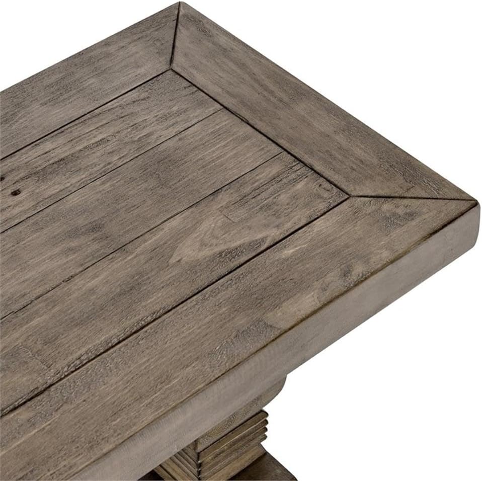 MAKLAINE 66" Transitional Reclaimed Pine Wood Bench, Weathered Brown Finish, Hand-Carved Pedestal Base, Rustic Style Seating for Kitchen or Dining Room, Seats Up to 3