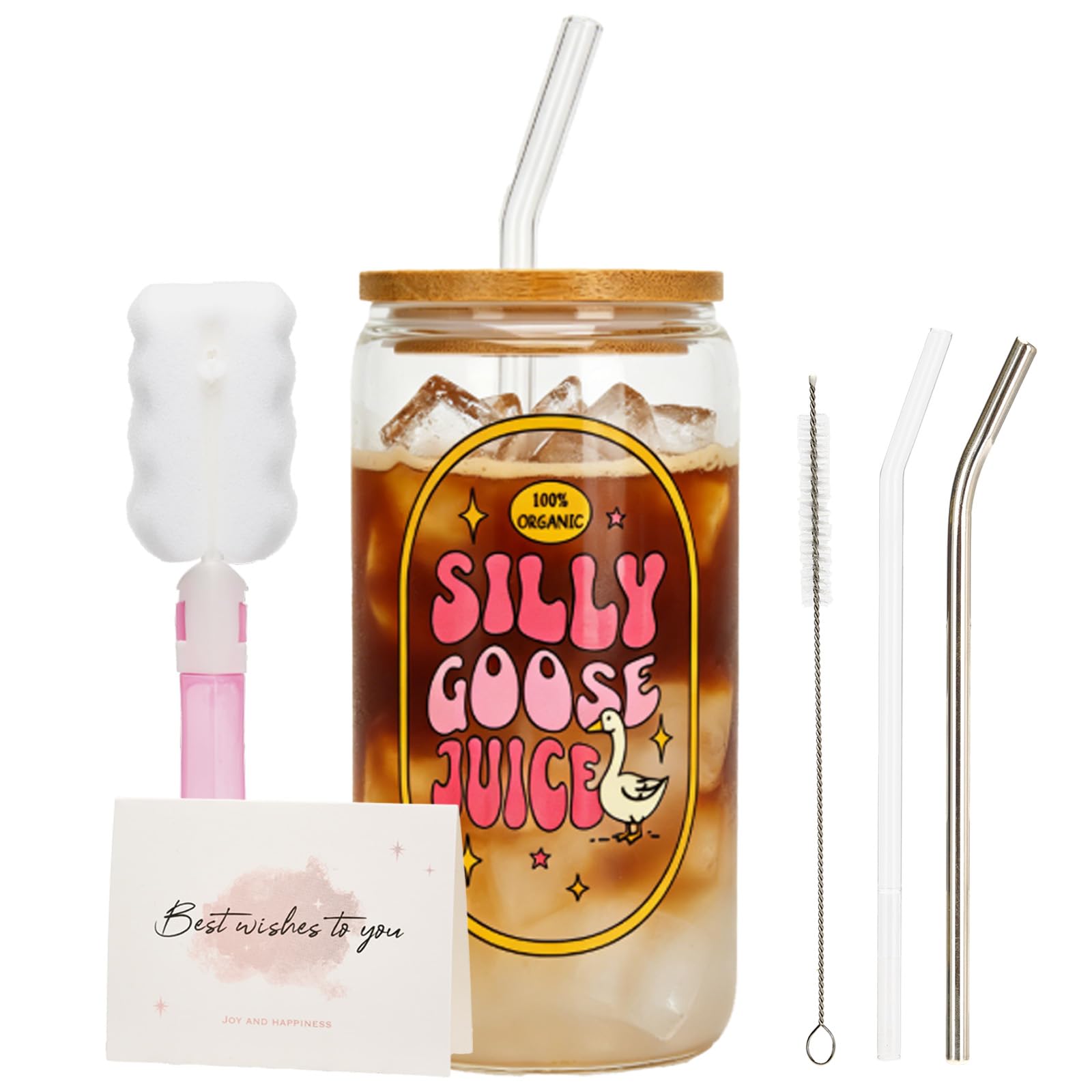Chovbe Silly Goose Juice Glass with Lid and Straw - Funny Birthday Gifts for Women, Best Friend, Sister, Bestie - Iced Coffee Cup Gift Set with Bamboo Lid, 2 Straws, Brush & Card
