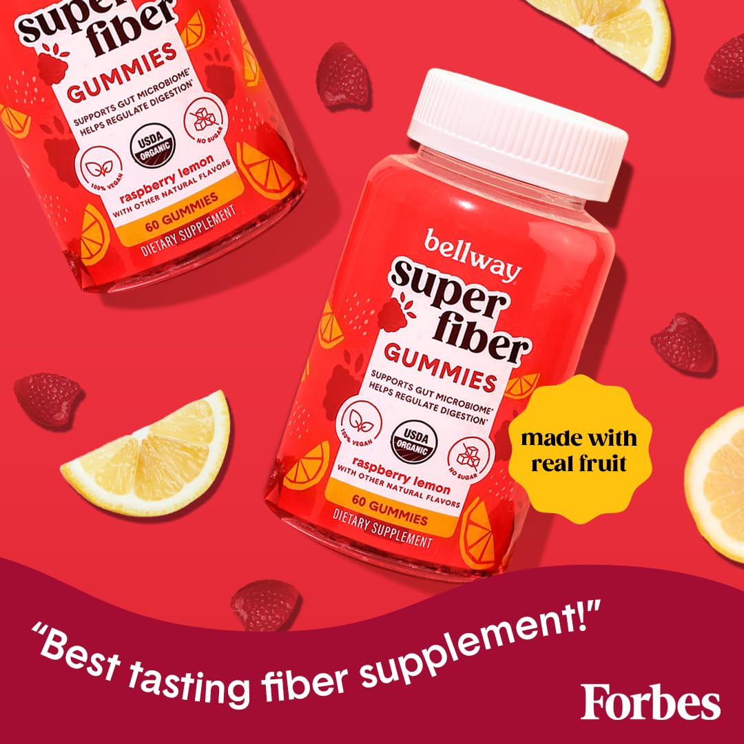 Bellway Super Fiber Gummies for Adults - Sugar Free Organic Fiber Supplement Gummies with 4g of Fiber per Serving - Prebiotic Chicory Root Fiber for Digestive Gut Health, Raspberry Lemon, 60 Count