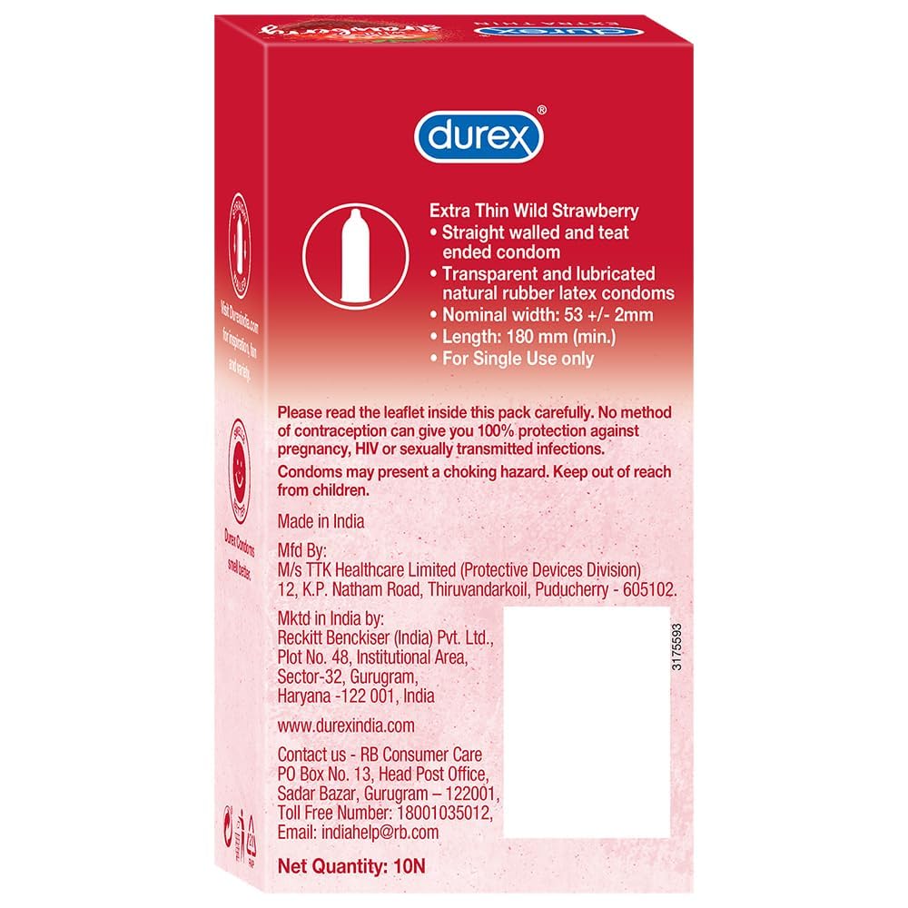 Durex Extra Thin Wild Strawberry Flavoured Condoms For Men -10s (Pack of 3) product image 10