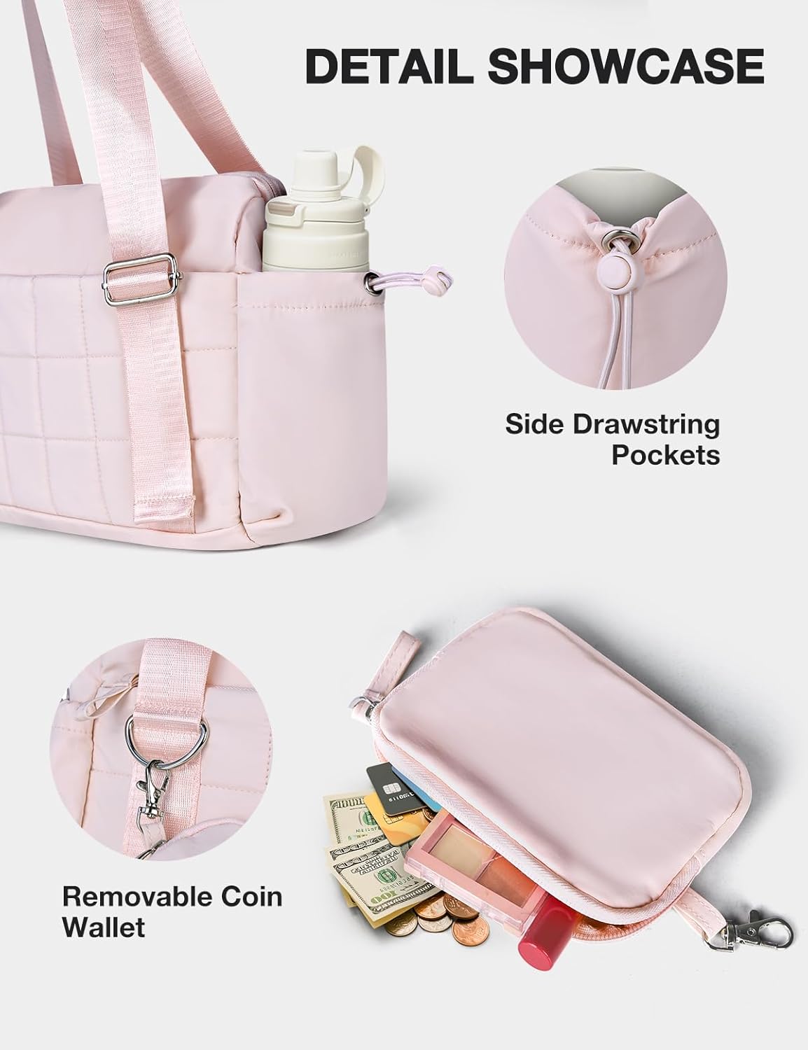 VUUDH Mini Gym Bag for Women Puffy Bag, Small Gym Bag with Coin Wallet, Lightweight Gym Tote Bag for Fitness, Work, Travel, Daily Commute,Pink - Image 5