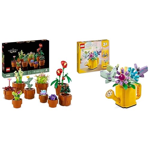 LEGO Icons Mini Pflanzen, 9 künstliche Blumen zum Bauen, Botanical Collection Sammel-Set & Creator 3in1 Gießkanne mit Blumen Set, Kinderzimmer-Deko, Baue eine Gießkanne mit Blumenstrauß - Bundle mit Gießkanne mit Blumen Set