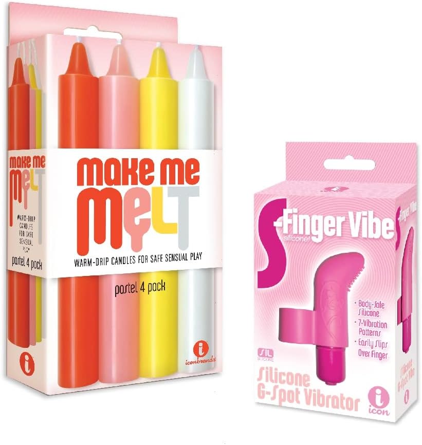 Sex Toy Gift Set Bundle of Make Me Melt Sensual Warm-Drip Candles, 4 Pack, Pastel and Icon Brands S-Finger Vibe, Pink