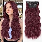 ALXNAN Clip in Long Wavy Synthetic Hair Extension 24 Inch Burgundy 4PCS Thick Hairpieces Fiber Double Weft Hair for Women