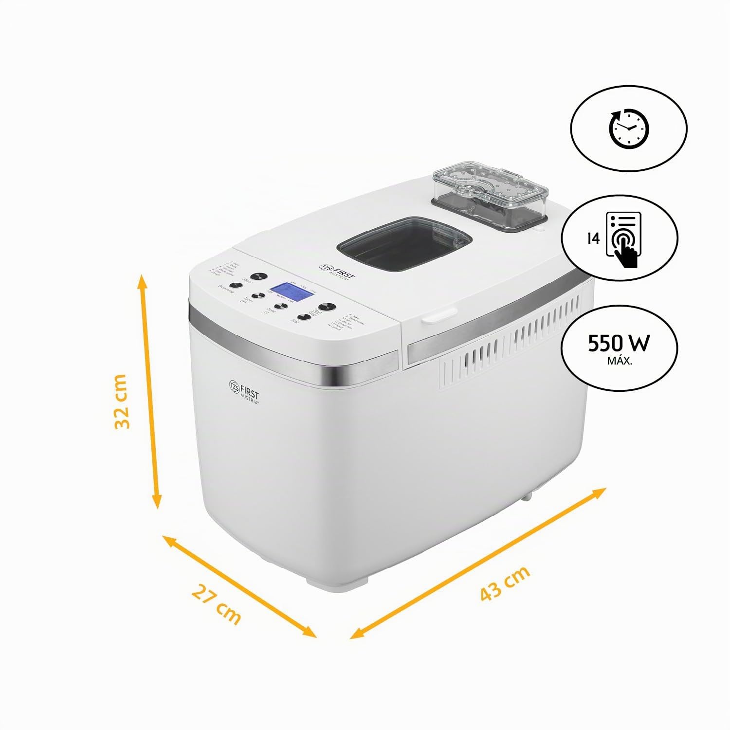 TZS First Austria - Panificadora 850W - Para panes de 900g y 1350g - 14 Programas automáticos - Tostado ajustable, Temporizador y Función mantener caliente