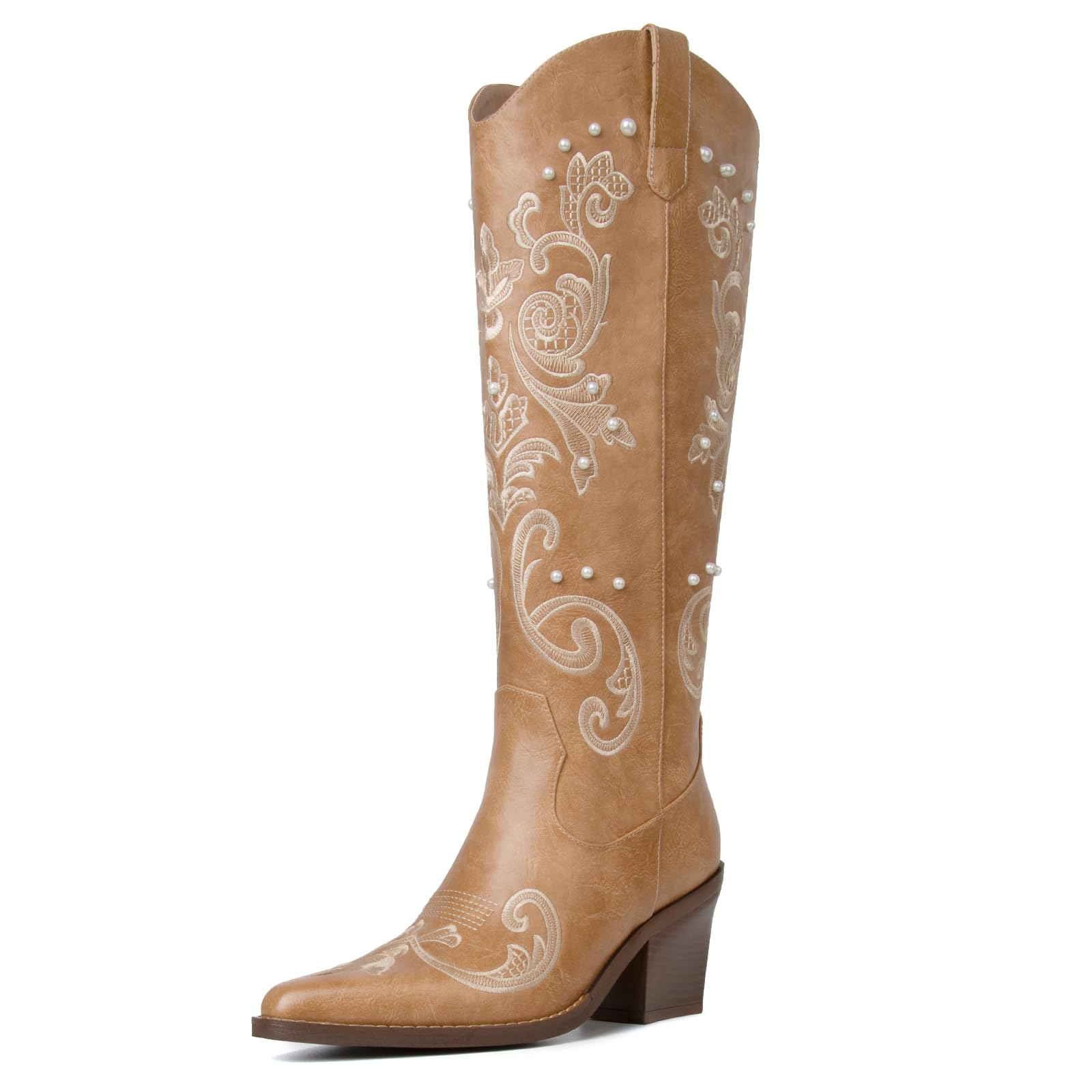 Western Cowboy Boots for Women Knee High Cowgirl Boots with Classic Embroidered Pointed Toe Chunky Heel Fashion Retro