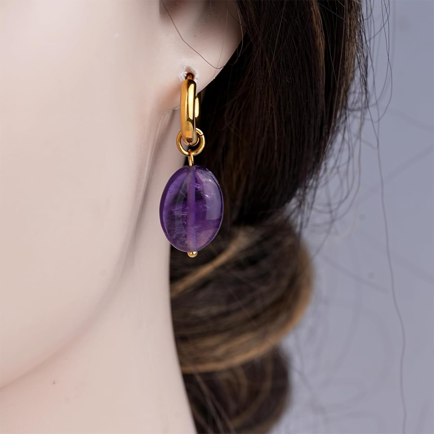 Oval Birthstone Natural Gemstone Earring for Women 18k Gold Plated Huggie Hoop Drop Jewelry Valentine's Day Birthday Gift for Wife Girlfriend Mother - Image 5