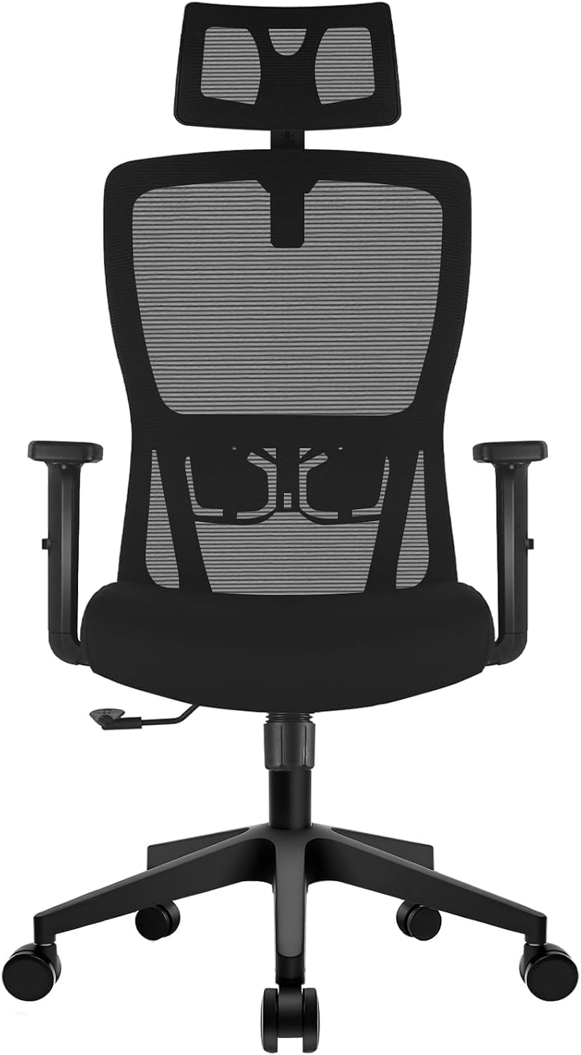 Durrafy Sedia Ufficio Ergonomica, Sedia da Ufficio con Poggiatesta Regolabile, Bracciolo, Supporto Lombare, Regolazione in Altezza, Scrivania e Sedie Girevoli supporto Oscillazione a 90°-120°, Nero