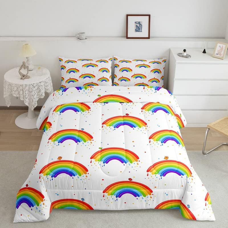 Feelyou Rainbow Comforter Set for Kids Boys Girls Multicolor Comforter Cartoon Birds Bedding Set Decor Colorful Rainbow Print Duvet Set Twin Size Quilt 2Pcs Boys Multi 13 Twin