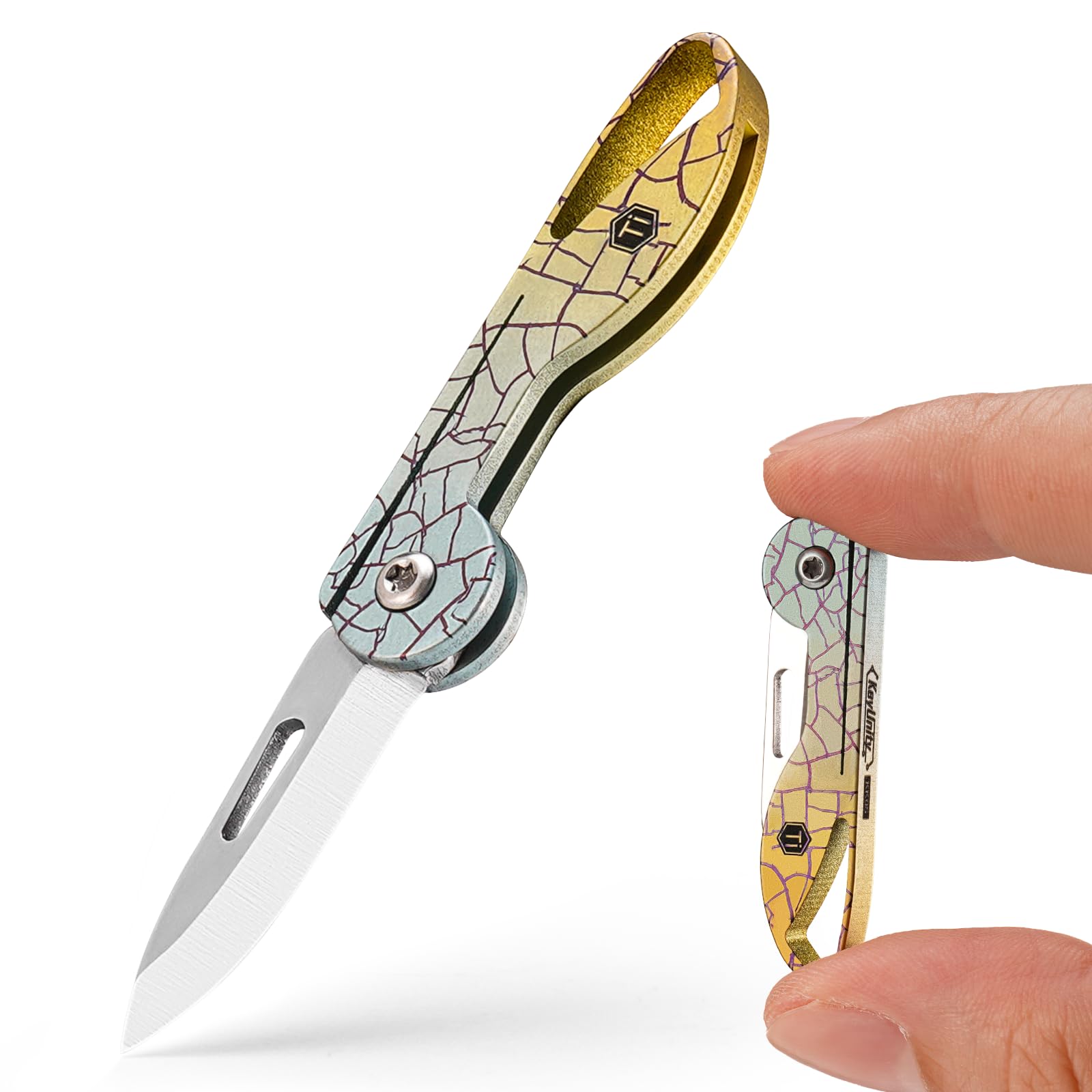 KeyUnity KK05 Coltellino Pieghevole In Titanio - Mini Coltello EDC Con Foro Portachiavi - Lama Affilata 7cr17Mov Per Campeggio E Uso Quotidiano - Peso 6g, Titanio TC4