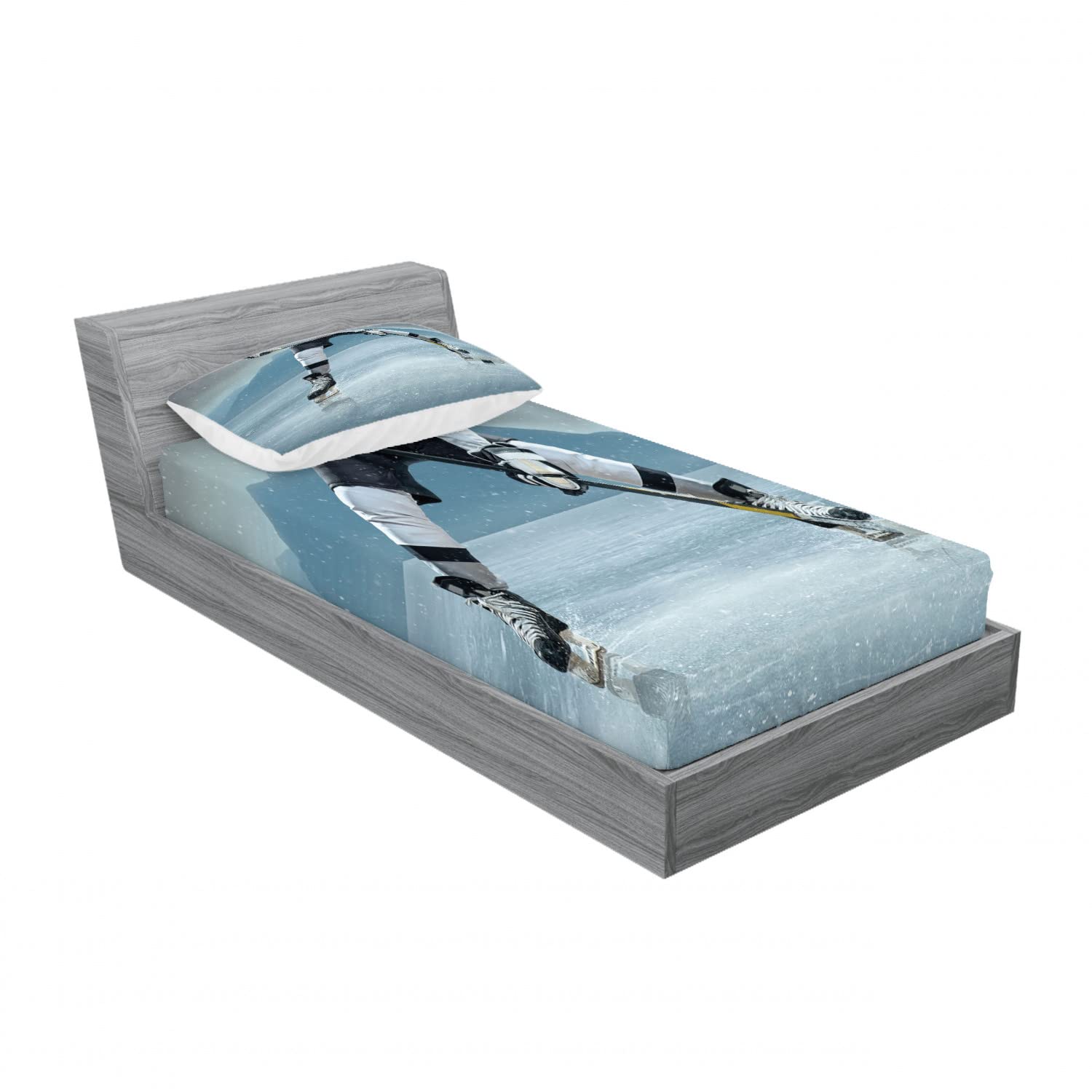 Ambesonne Sports Fitted Sheet & Pillow Sham Set, Ice Hockey Player with Stick and Puck Mountain Background Canadian, Decorative Printed 4 Piece Bedding Decor Set, Twin, Grey Denim