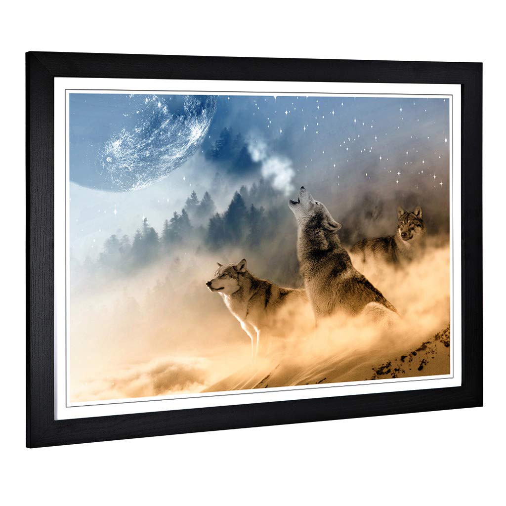 Big Box Art Framed Print of Wolves Howling at The Moon Forest Landscape Design | Wall Art Picture | Home Decor for Kitchen, Living Room, Bedroom, Hallway, Black, A2 / 24.5x18 Inch / 62x45cm
