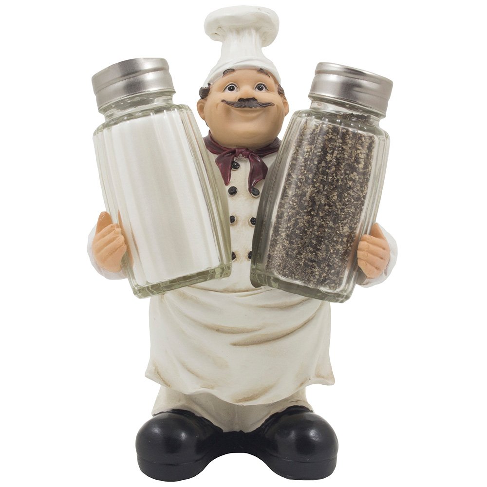 Standing French Chef Pierre Glass Salt and Pepper Shaker Set with Decorative Display Stand Holder Figurine in Cottage Kitchen Decor Spice Racks for Table Centerpieces As Unique Collectible Gifts