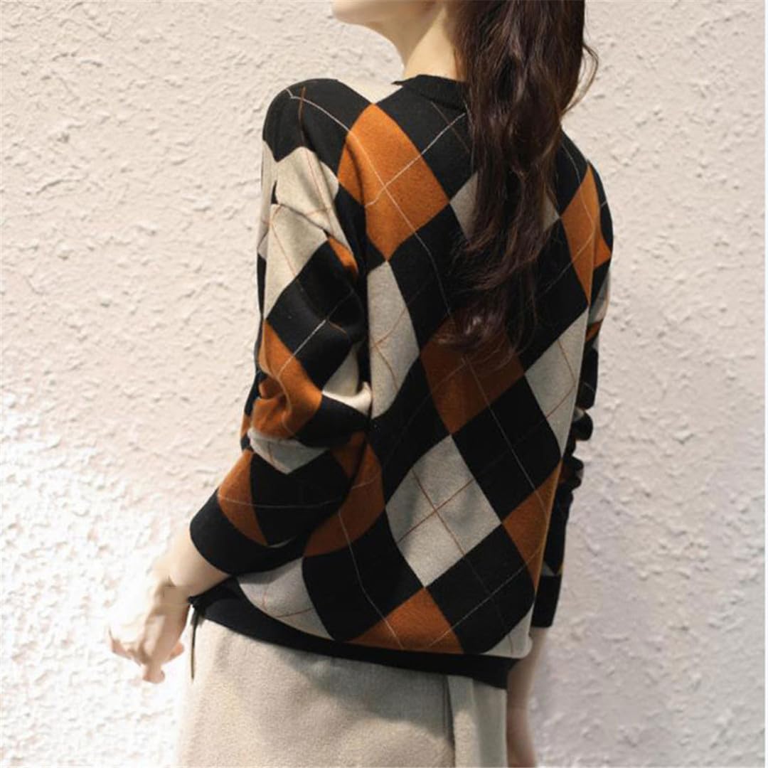 Suéter de punto elegante retro con cuello redondo para mujer, manga larga, suéter cálido para otoño e invierno