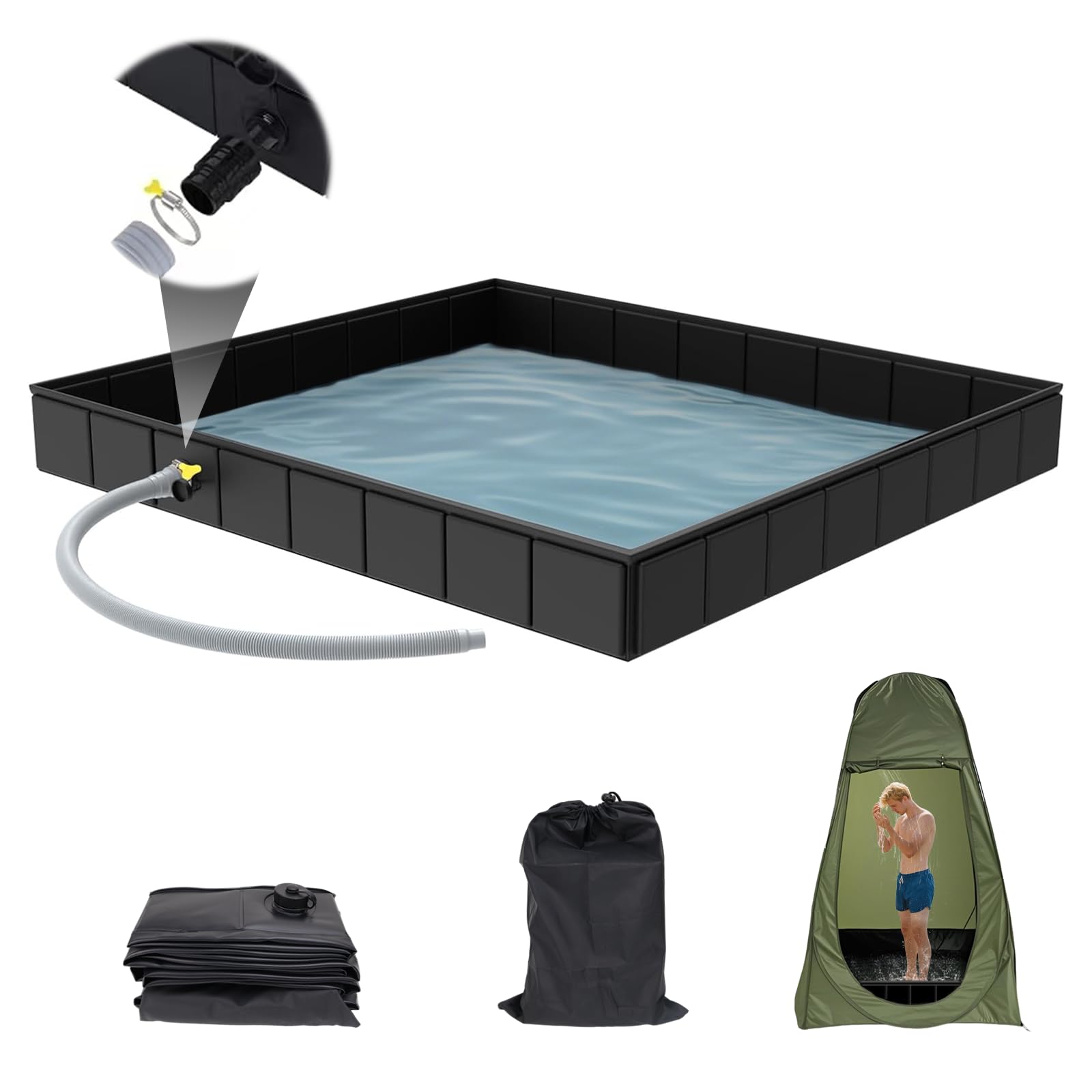 Baignoire pliable de camping 104 x 104 x 13 cm Baignoire portable avec évacuation, base de douche pliable, grande baignoire de tente pour camping-cars, camping, douche de plage et bain pour