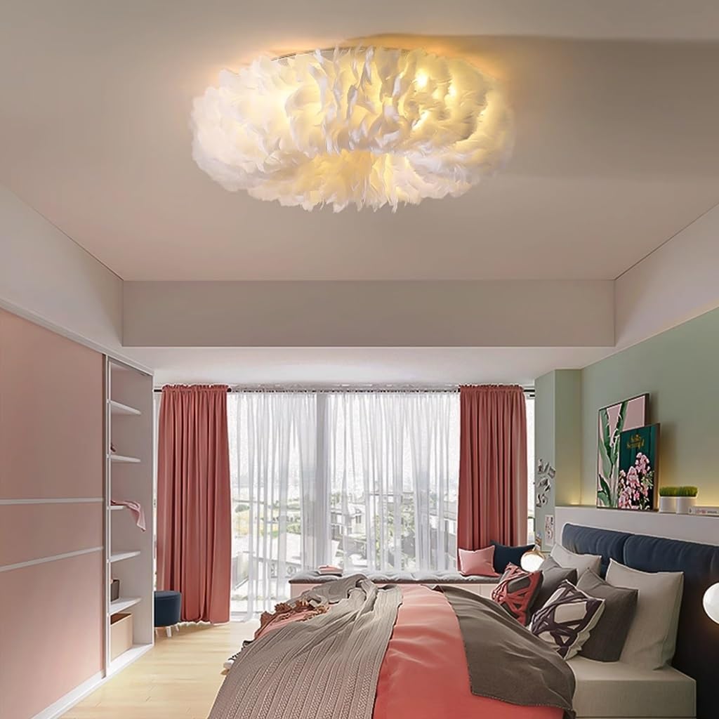 Lampa Sufitowa Nowoczesna Z Abażurem Z Białymi Piórami - Przytulna Aranżacja Ze Ściemniaczem E27 - Oświetlenie Sufitowe Do Sypialni/Salonu Dziecięcego - Stylowa Dekoracja Wnętrz Domowych & Resta