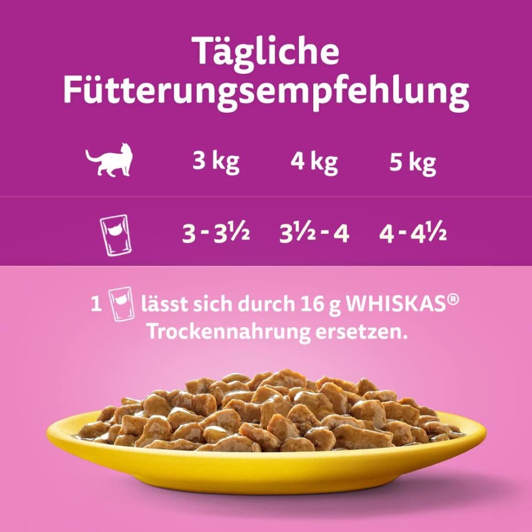 Whiskas 7+ cibo per gatti, pollame a scelta in salsa, 12 x 85 g (4 confezioni) – cibo umido di alta qualità a partire dai 7 anni in 48 sacchetti