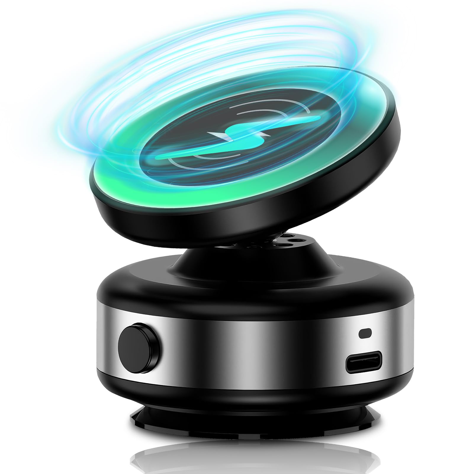 WODHMIEY Soporte Magnética Móvil Coche con Cargador Inalámbrico, Base con Ventosa de Vacío Eléctrica, Rotación 360°, Compatible con iOS Phone para Superficies Lisas