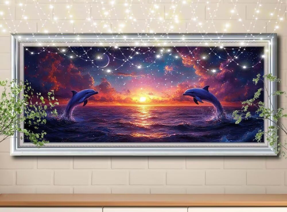 5D DIY diamentowe malowanie dla dorosłych, delfin, gwiaździste niebo duże diamentowe malowanie (50 x 125 cm), diamentowe kryształowe ścieg krzyżykowy rzemiosło haft malarski, malowanie diamentowe do