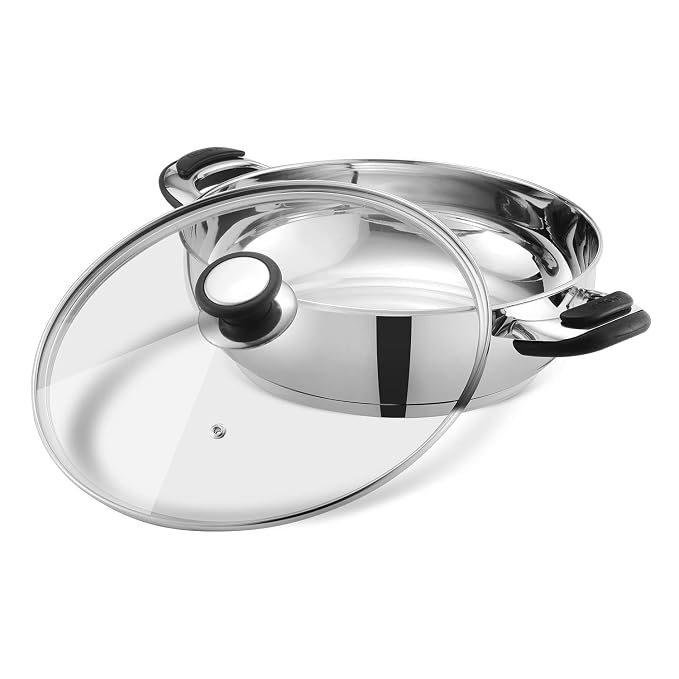 Vinod Durban Stainless Steel Kadhai with Glass Lid 5.8 Litre (30 cm) 6.2mm Thick Kadhai for Deep Frying Induction and Gas Base 2 Year Warranty - Silver