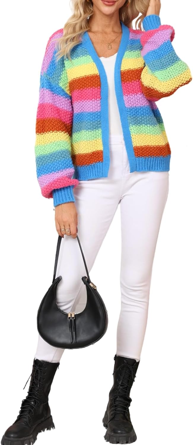 LifeShe Women's Striped Cardigan Sweater Open Front Color Block Chunky Knit Sweaters Coats - Image 6